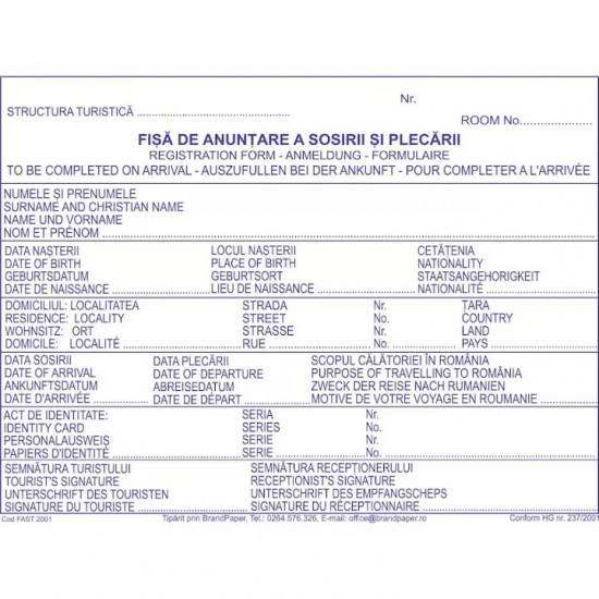 Fisa Cazare Anuntare Sosiri si Plecari Format A5, 2 Exemplare, Tipar 1+0, Coperta Fata Tiparita, Coperta din Carton + Prelungire Cartonata,  Hartie Alba (Ex. 1), Color (Ex. 2)