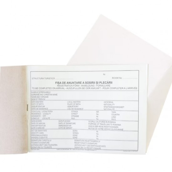 Fisa Cazare Anuntare Sosiri si Plecari Format A5, 2 Exemplare, Tipar 1+0, Coperta Fata Tiparita, Coperta din Carton + Prelungire Cartonata,  Hartie Alba (Ex. 1), Color (Ex. 2)