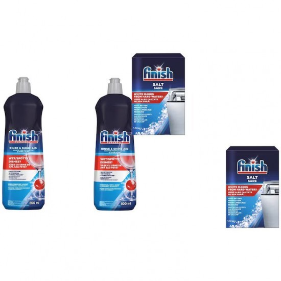 Pachet Promo:2x Finish Solutie Clatire Masina Spalat Vase 800ml + 2x Finish Sare Speciala Pentru Masina De Spalat Vase, 1.5 Kg, Solutie Pudra