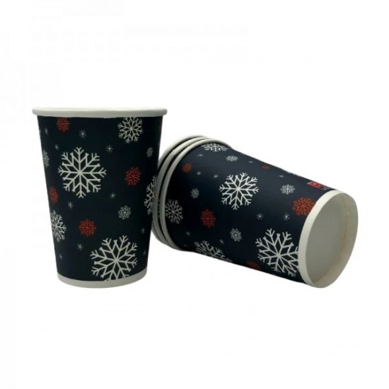 Pahare Carton Imprimate Model Sarbatori de Iarna, 12 OZ, Capacitate 350 ml, 50 Buc/Set