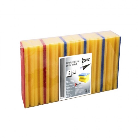 Set 10 Bureti cu Canelura  Zorex Pro, 150x70x40 mm, Spuma Poliuretanica si Fibra Abraziva, Culoare Galbena, Burete Profesional,  Burete Vase, Bureti Curatare, Burete pentru Menaj, Bureti pentru Casa