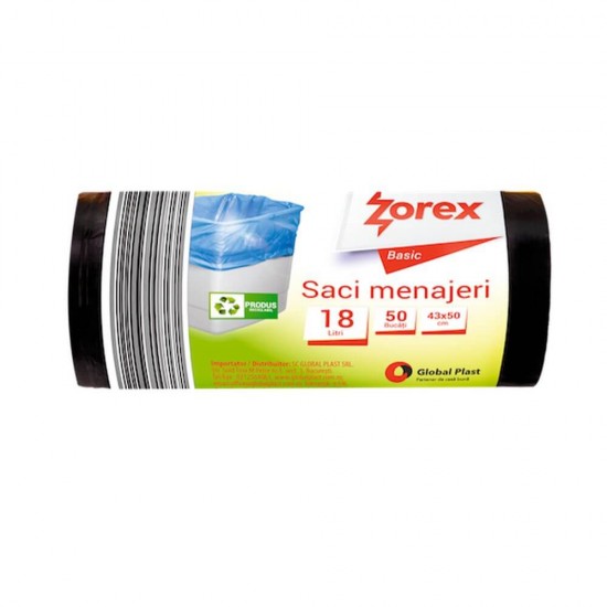 Saci Menajeri Zorex Basic, 18L, 43x50 cm, 50 Buc/Rola, Culoare Neagra, Saci Menaj, Saci de Gunoi, Saci Menajeri 18L, Saci de Gunoi Negri, Saci Menajeri Negri, Saci de Gunoi Mici, Saci Menajeri Zorex