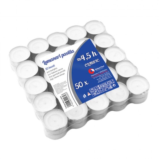 Set 50 Lumanari Tip Pastila Albe, Timp de Ardere 4.5 h,  Lumanari Neparfumate din Parafina, Lumanari pentru Camera, Lumanari Albe Pastile, Lumanari Rotunde