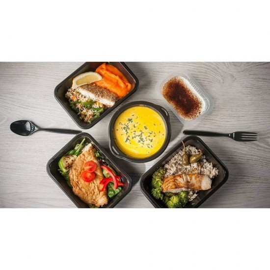 Set 200 Caserole Meniu PP Termosudabila 1 compartiment, Dimensiune 227x178x5 cm, Culoare Neagra, fara Capac, Tavite Negre pentru Alimente, Tavite Plastic pentru Transport Alimente, Set Tavite Negre de Plastic pentru Catering, Caserole Plastic