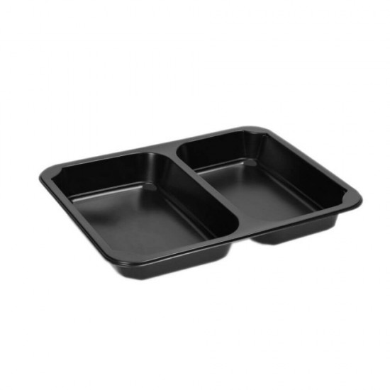 Set 200 Caserole Meniu PP Termosudabila 2 compartimente, Dimensiune 227x178x5 cm, Culoare Neagra, Compartimentate, Polipropilena Neagra, Tavite Compartimentate Alimente, Tavite Plastic pentru Transport Alimente, Set Tavite Negre