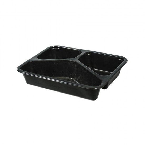 Set 200 Caserole Meniu PP Termosudabila 3 compartimente, Dimensiune 227x178x5 cm, Culoare Neagra, Tricompartimentate, Polipropilena Neagra, Tavite Compartimentate Alimente, Tavite Plastic pentru Transport Alimente, Set Tavite Negre de Plastic
