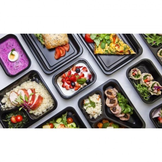 Set 200 Caserole Meniu PP Termosudabila 3 compartimente, Dimensiune 227x178x5 cm, Culoare Neagra, Tricompartimentate, Polipropilena Neagra, Tavite Compartimentate Alimente, Tavite Plastic pentru Transport Alimente, Set Tavite Negre de Plastic