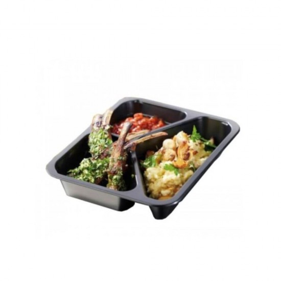 Set 200 Caserole Meniu PP Termosudabila 3 compartimente, Dimensiune 227x178x5 cm, Culoare Neagra, Tricompartimentate, Polipropilena Neagra, Tavite Compartimentate Alimente, Tavite Plastic pentru Transport Alimente, Set Tavite Negre de Plastic