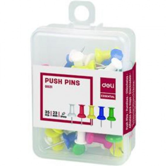 Pioneze Pluta, Deli Essential, 35 Buc/Set, Diverse Culori, 23 mm, Pioneza Cap Plastic Colorat, Piuneza Colorata Deli Essential, Piuneze Panouri Pluta, Pioneze pentru Afisiere, Pioneza pentru Afisier, Pioneze Panou Textil