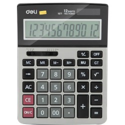 Calculator de Birou Deli Core 12 Digits, Gri, Dual Power, Alimentare Baterie AAA, Suprafata Metalica, Calculator Birou 12 Digits, Calculator Birou cu Memorie, Calculator Birou Deli