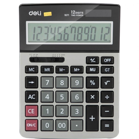 Calculator de Birou Deli Core 12 Digits, Gri, Dual Power, Alimentare Baterie AAA, Suprafata Metalica, Calculator Birou 12 Digits, Calculator Birou cu Memorie, Calculator Birou Deli