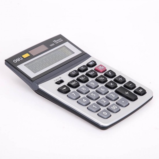 Calculator de Birou Deli Core 12 Digits, Gri, Dual Power, Alimentare Baterie AAA, Suprafata Metalica, Calculator Birou 12 Digits, Calculator Birou cu Memorie, Calculator Birou Deli