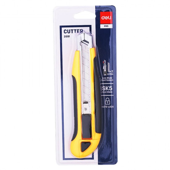 Cutter cu Autoblocare DELI Pro, Lama de Otel, Galben, 0.4x9x80 mm, 1 Buc, Cutter pentru Hartie, Cutter pentru Carton, Cutter pentru Materiale, Cutter cu Autoblocare, Cutter cu Lama de Otel, Cutter Maner Plastic, Cutter Autobocare Lama 80mm