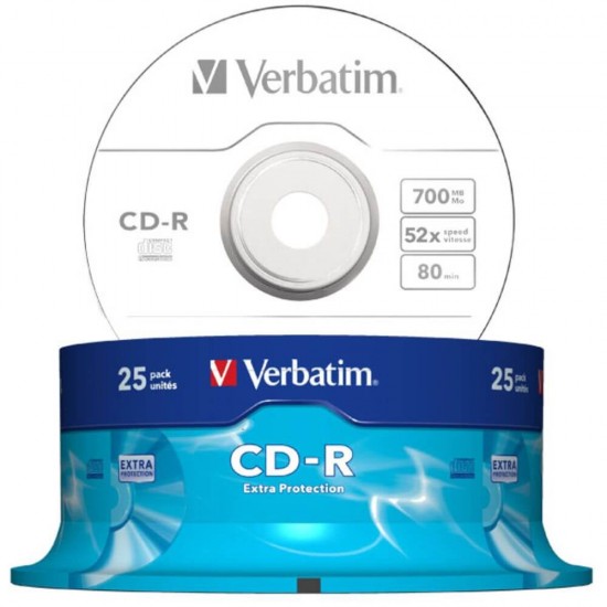 Set 25 CD-R Inscriptibil Verbatim cu Suport, Capacitate 700 Mb, Viteza 52x, Verbatim Set CD-uri, Verbatim CD Inscriptibil, CD-R Inscriptibil 52x700 Mb, Set CD-R Verbatim 52x700 Mb, Cd-uri Printabile pentru Muzica