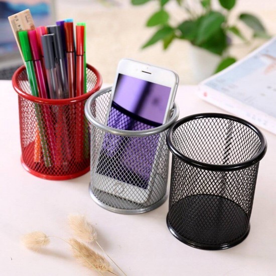 Suport Birou Cilindric Deli Vivid, 91x98 mm, Plasa Metalica Rosie, Suport pentru Pixuri, Suport pentru Pensule, Suport pentru Creioane, Suport pentru Markere, Suport Pixuri Birou, Organizator Pixuri, Organizator Instrumente de Scris Birou