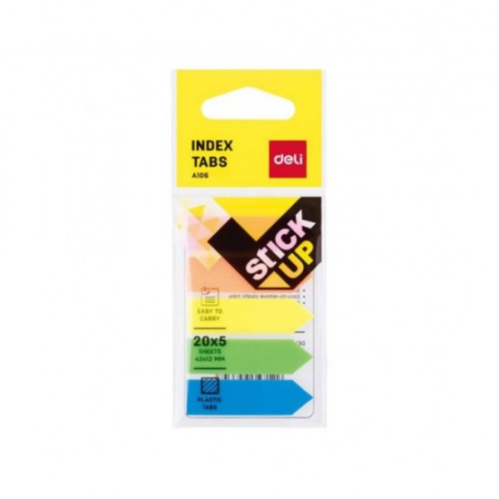 Index Adezivi Plastic, Deli Stick Up, 43x12 mm, Culori Neon, 100 Buc/Pachet, Index Plastic cu Adeziv, Evidentiatoare pentru Carti si Caiete, Sticky Indexuri, Evidentiatoare Adezive de Pagina