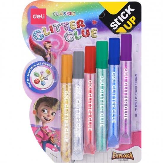 Lipici cu Sclipici, Deli Stick Up Classic 12 ml, 6 Buc/Set, Diverse Culori, pentru Decorat, Lipici cu Uscare Rapida, Lipici pentru Decorat, Lipici Lichid Decorat, Lipici Decorat Deli, Lipici cu Sclipici