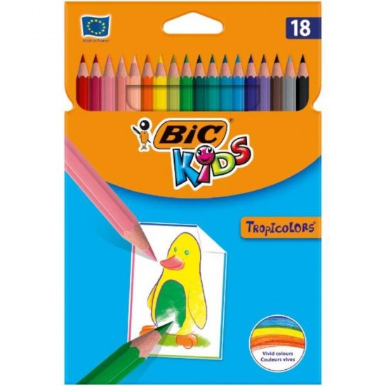 Set 18 Creioane Color BIC Tropicolors, 18 Culori, Fara Lemn, Corp Hexagonal din Rasina Sintetica, Set Creioane Colorate, Creioane Set, Creioane pentru Desen din Rasina Sintetica, Creioane Colorate pentru Scolari, Creioane de Colorat, Rechizite Scolare
