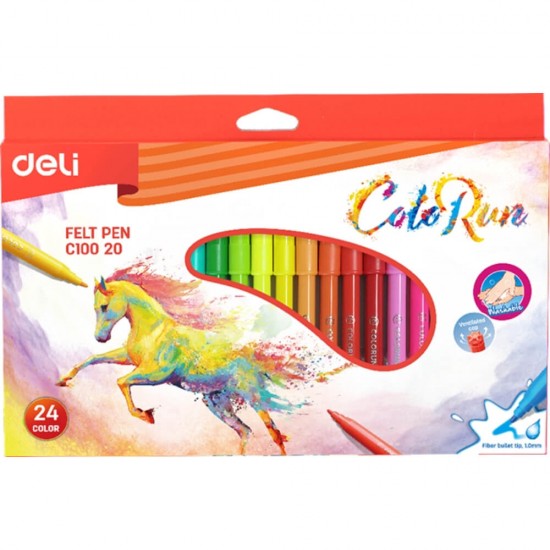 Set 24 Carioci Diverse Culori, Deli ColoRun, Lavabile, 1 mm Varf, Carioci Diverse Culori Deli,  Set de Carioci, Rechizite Scolare, Carioci cu Varf Subtire, Gama Deli ColoRun,  Carioci Diverse Culori, Carioci pentru Gradinita
