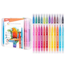 Set de 24 Carioci cu Varf Dublu Fin/Pensula, Deli Color Emotion, Culori Lavabile, Multicolore, Set de Carioci Multicolore Deli, Carioci Deli cu Varf Dublu, Set de 24 Carioci Deli, Carioci in Carcasa