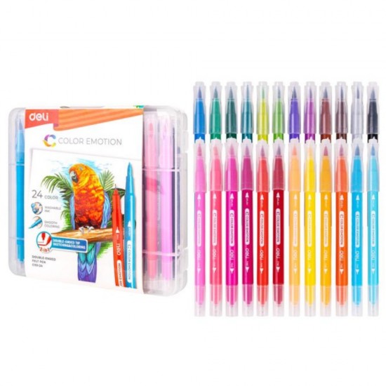 Set de 24 Carioci cu Varf Dublu Fin/Pensula, Deli Color Emotion, Culori Lavabile, Multicolore, Set de Carioci Multicolore Deli, Carioci Deli cu Varf Dublu, Set de 24 Carioci Deli, Carioci in Carcasa