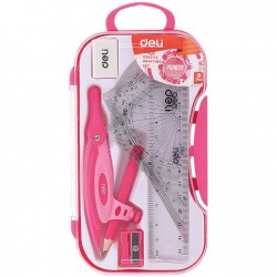 Trusa Geometrie Deli, 7 Piese/cutie Plastic, Culoare Roz