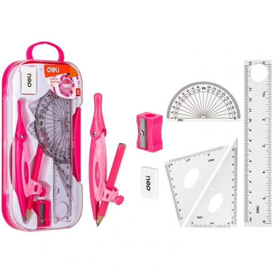 Trusa Geometrie Deli, 7 Piese/cutie Plastic, Culoare Roz