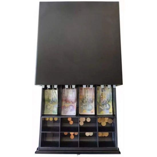 Sertar de Bani Metalic Mediu CD350BK, 4 Compartimente Bancnote, 8 Compartimente Monede si 2 Compartimente Externe, Culoare Negru