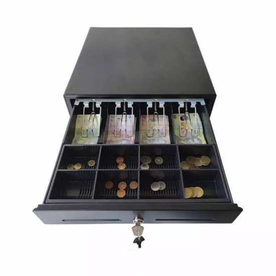 Sertar de Bani Metalic Mediu CD350BK, 4 Compartimente Bancnote, 8 Compartimente Monede si 2 Compartimente Externe, Culoare Negru