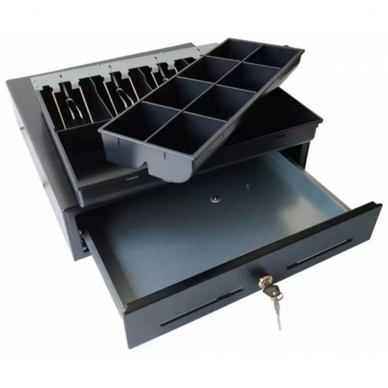 Sertar de Bani Metalic Mediu CD350BK, 4 Compartimente Bancnote, 8 Compartimente Monede si 2 Compartimente Externe, Culoare Negru