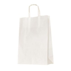 Set 100 de Sacose Albe cu Maner Rasucit, 220x100x310 mm, Hartie Kraft Albit 90 g