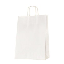 Set 100 de Sacose Albe din Hartie Reciclata cu Maner Rasucit, 260x120x350 mm, Hartie Kraft Albit 90 g