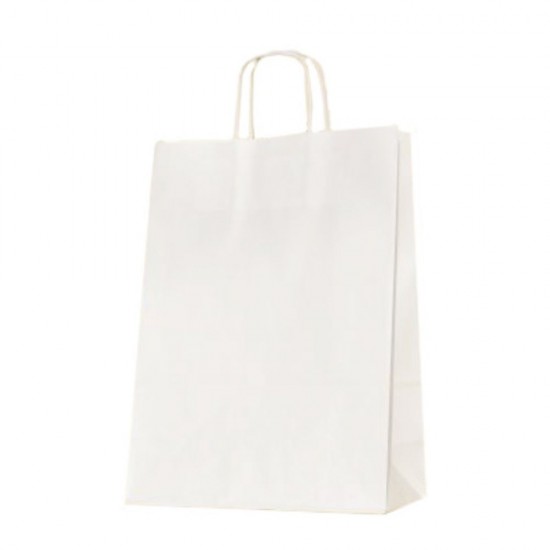 Set 100 de Sacose Albe din Hartie Reciclata cu Maner Rasucit, 260x120x350 mm, Hartie Kraft Albit 90 g