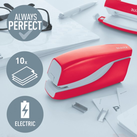 Capsator Electric Leitz Wow Nexxt Series, Cu Baterii, 10 Coli, 1000 Capse E1 Incluse, Rosu