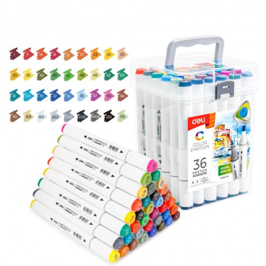 SET 36 MARKERE SKETCHING VARF DUBLU ROTUND 1MM/TESIT 7MM CUTIE PLASTIC COLOR EMOTION DELI
