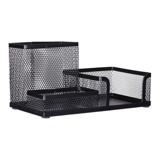 Suport Birou Deli, 3 Compartimente, Plasa Metalica, Negru, Suport Birou cu Trei Compartimente, Suport Birou cu 3 Compartimente, Suport Birou din Plasa Metalica, Suport Birou Negru, Suport Accesorii Birou, Suport Pixuri, Suport pentru Pixuri si Creioane
