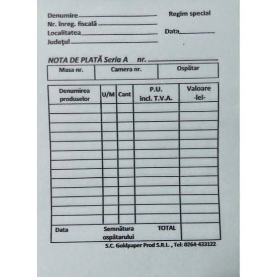 Nota Plata Autocopiativ 2 Exemplare