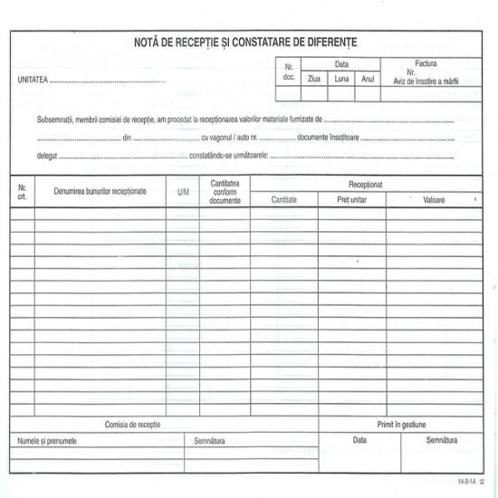Nota Receptie Constatare Diferente Fara Tva Autocopiativa