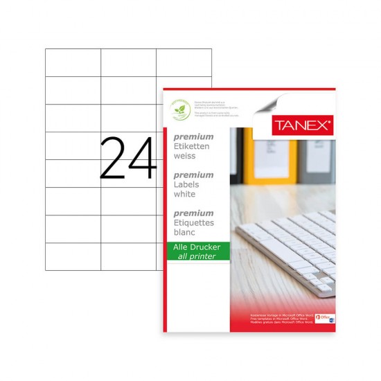 Etichete Autoadezive A4 Tanex, 24/Coala, Colturi Drepte, 100 Coli/Top, 70x37.125 mm, Etichete Adezive, Etichete A4, Etichete Autoadezive in Coala, Hartie Autocolanta A4, Hartie Autoadeziva, Etichete Drepte Autoadezive, Coli de Etichete Autoadezive