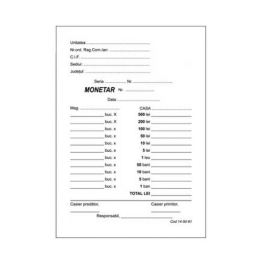 Monetar A6, 100 File/Carnet - Formular Inventar Tipizat