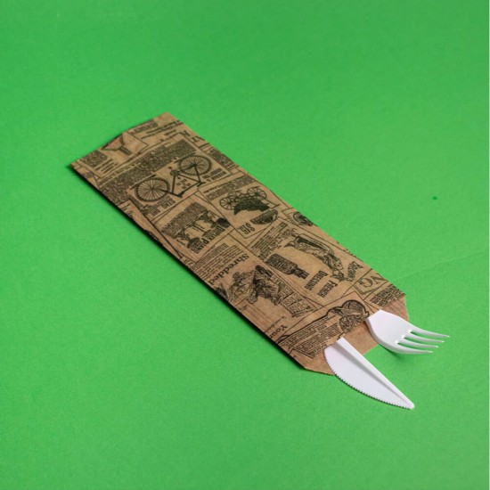 Pungi din Hartie Tacamuri Imprimate Model Ziar, Dimensiune 8x24 cm, Hartie Kraft Kraft 35 g/m², 2500 Buc/Bax