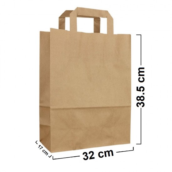 Sacose din Hartie Natur 32x17x38.5 cm, 250 Buc/Bax - Pungi si Plase cu Maner Flat