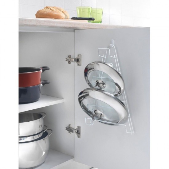 Suport pentru Capace din Metal, Dimensiune 42x23x7 cm, Suport Capace, Suport Capace de Bucatarie, Suport Capace Cromat, Suport Capace de Perete, Suport Capace Inox, Suport 5 Capace