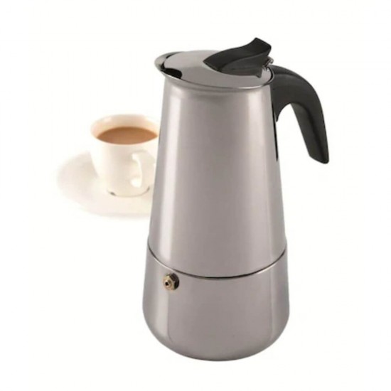 Espressor din Inox pentru 9 Cesti, Culoare Argintiu/Negru, Capacitate 450 ml, Espressor pentru Aragaz, Espressor Cafea, Cafetiera, Cafetiera 9 Portii, Cafetiera Moka, Oala Moka, Espressor Moka, EspressoareAragaz, Cafetiere Aragaz