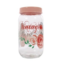 Borcan Vintage Bird, 1 L, 10x20 cm, Model Floral/Pasari, Sticla cu Capac Roz, Borcane cu Capac 1 Litru, Borcane 1 Litru, Recipiente Sticla pentru Condimente, Borcane Bucatarie pentru Condimente, Borcane Sticla pentru Depozitare Alimente