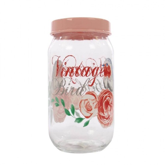 Borcan Vintage Bird, 1 L, 10x20 cm, Model Floral/Pasari, Sticla cu Capac Roz, Borcane cu Capac 1 Litru, Borcane 1 Litru, Recipiente Sticla pentru Condimente, Borcane Bucatarie pentru Condimente, Borcane Sticla pentru Depozitare Alimente