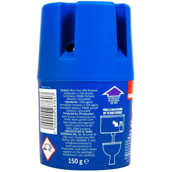 Odorizant Solid pentru Bazin Toaleta SANO Blue 150 g, Albastru, Detergent Toaleta, Odorizant Toaleta, Detergent Solid pentru Toaleta, Odorizant Solid pentru Toaleta, Detergent Odorizant pentru Bazin Toaleta