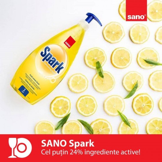 SANO Spark Detergent Lichid pentru Vase, 1 L, Lamaie, Detergent Vase cu Parfum Delicat de Lamaie, Sano Spark Lemon, Detergent Vase cu Pompita, Detergenti Lichizi pentru Vase, Detergent Bucatarie, Solutie de Curatat Sano