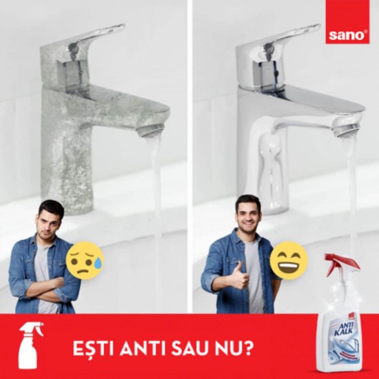 Solutie Indepartare Calcar SANO Anti Kalk, 750 ml, Solutie Anticalcar, Solutie Anticalcar Diverse Suprafete, Solutie Indepartare Calcar Suprafete Multiple, Solutie Anticalcar Suprafete Diferite, Detergenti Suprafete Multiple