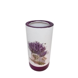 Vaza Ceramica, Model Lavanda, Cilindrica, 19 cm Inaltime, Alb si Mov, Vaza pentru Flori, Vaza Ceramica pentru Flori, Vaza Flori, Vaza Mare, Vaza Inalta, Vaza Cilindrica, Vaza Forma Simpla, Vaza cu Model Imprimat, Vaza Alba cu Mov